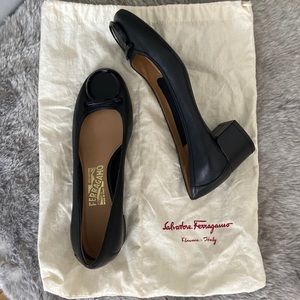 Salvatore Ferragamo Black Leather Block Heel Pumps